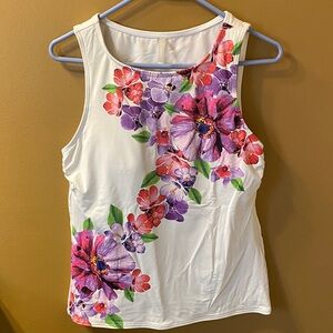 Lands' End Floral Swim Tank Top - White with Pink and Purple with Pink bottom
